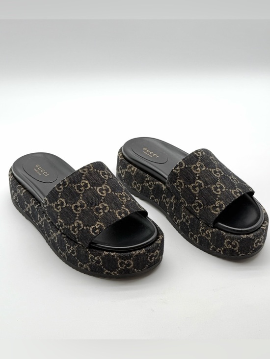Gucci Shoes - Gucci Angelina GG Monogram Platform in Black Denim Slide Sandals EU 39.5 US 9.5